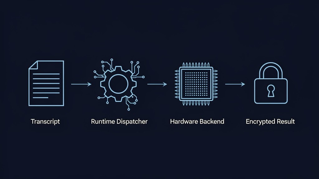 Diagram: HEAL transcript flows into the runtime, is dispatched to a hardware backend, and produces an encrypted result